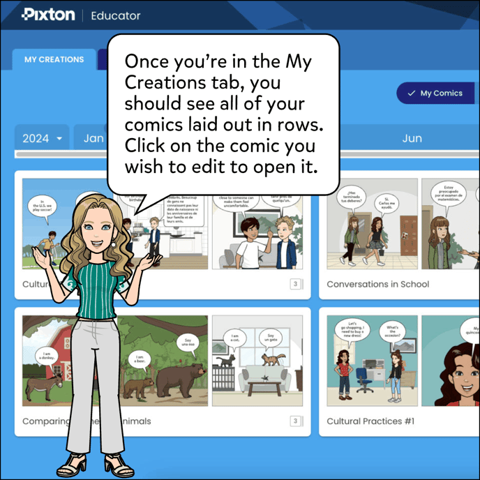 Once you're in the My Comics tab, you should all of your comics laid out in rows, with the most recent comics at the top. Click on the comic you wish to edit to open it.