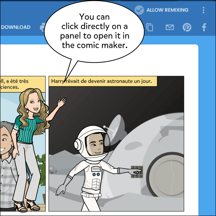 You can click directly on a panel to open it in the comic maker.