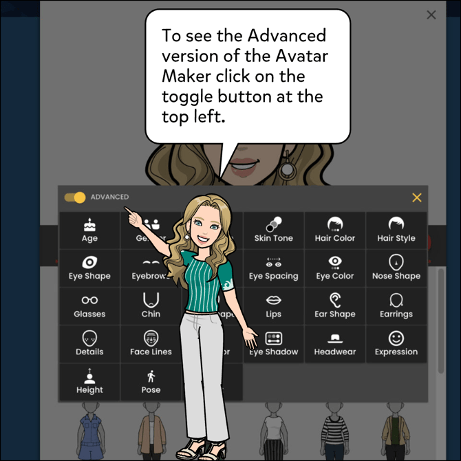 To see the Advanced version of the Avatar Maker click on the toggle button at the top.