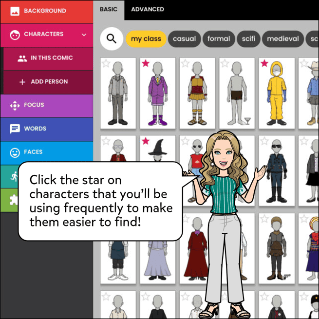 Click the star on characters you'll be using frequently to make them easier to find!