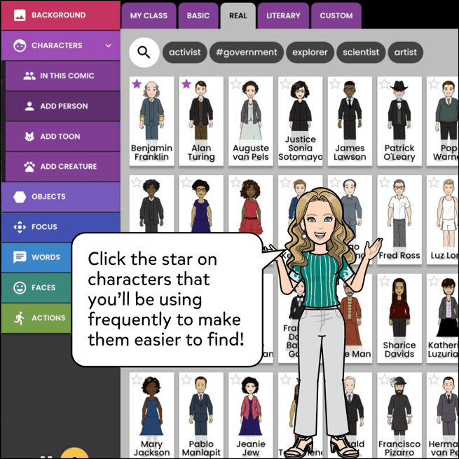 Click the star on characters you'll be using frequently to make them easier to find!
