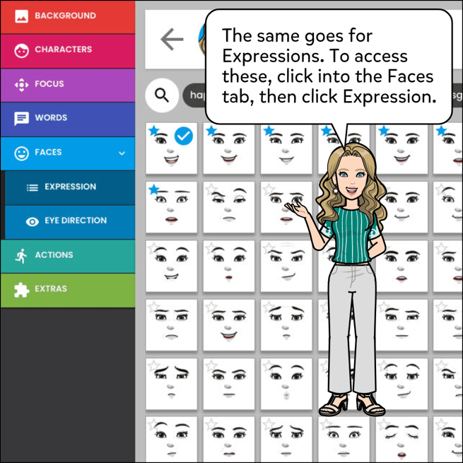 The same goes for expressions. To access these, click into the Faces tab, and then click Expression..