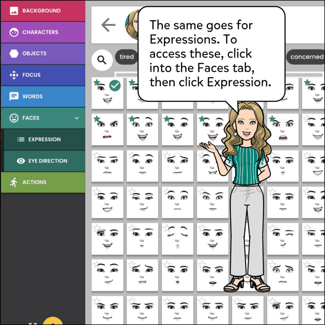 The same goes for expressions. To access these, click into the Faces tab, and then click Expression..