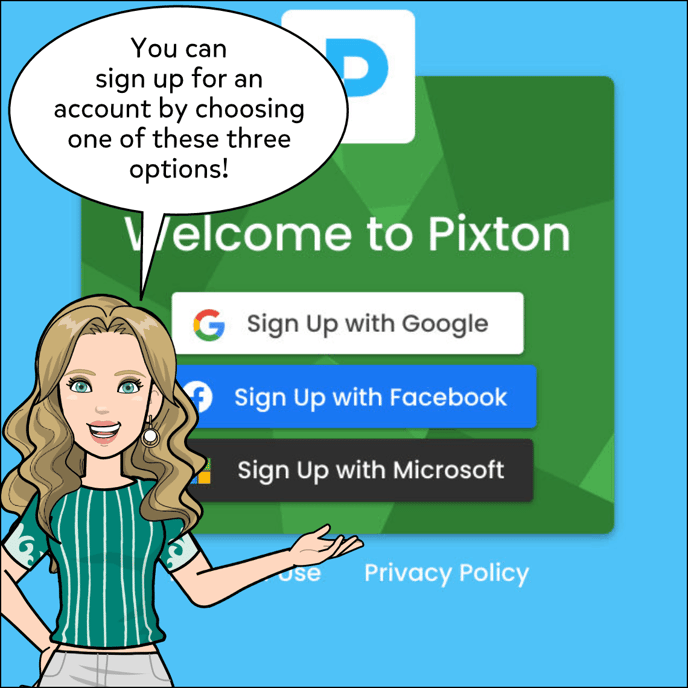 Image shows Single Sign On options; Google, Facebook and Microsoft. You can sign up for an account by choosing one of these three options!