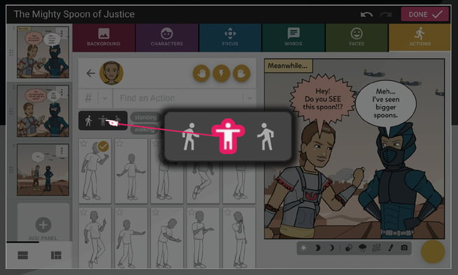 Screenshot showing the front facing pose option in the Actions tab within the comic maker.