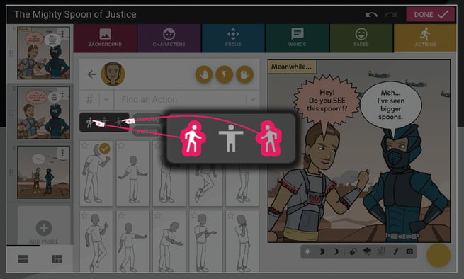 Screenshot showing directional buttons within the Actions tab when choosing a pose, this allows you to use any pose facing left or right.