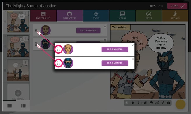 Screenshot showing a six dots icon to the left of the characters in a panel from the view of the Characters tab. Click and drag those dots to reorder your characters.