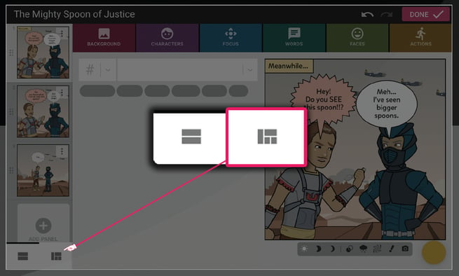 Screenshot showing the comic view option within the comic maker, on the left side of the page below the panel previews.