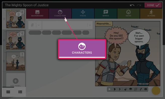 Image shows Characters tab selected, second one to the left in the comic maker