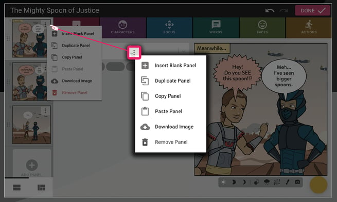 Image shows dropdown menu when you click on 3 dots above a comic panel on the right handside of the comic maker