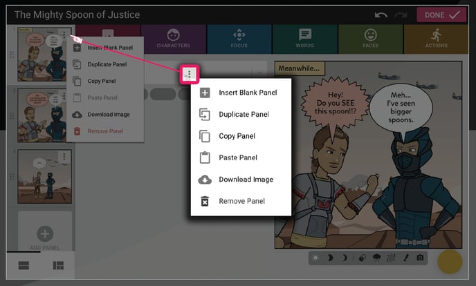 Screenshot showing the three dot menu which is on each panel along the left side within the comic maker. This is how you can insert a blank panel, duplicate the panel, copy the panel, paste a panel, download a panel, or remove a panel.