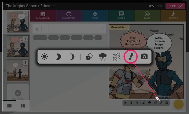 Image shows comic maker bottom panel select the exclamation point icon