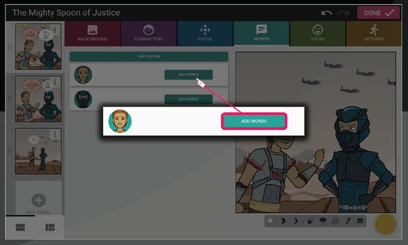 Screenshot shows the Add Words button next to Characters in the Words tab within the comic maker.