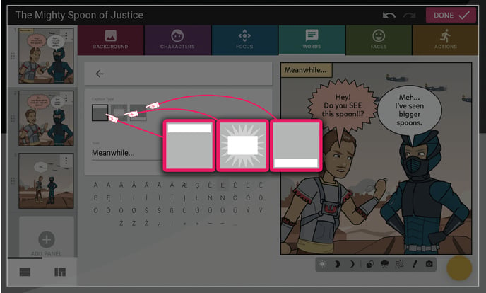 Image shows the three different caption placement buttons within the Add A Caption space within the words tab of the comic maker.