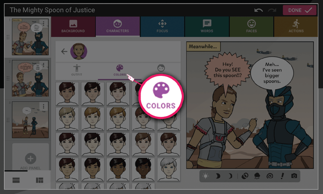 Image showing Character options in the comic maker, select Color or Hair options