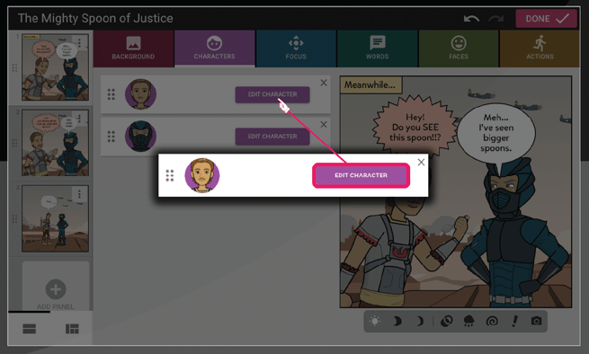 Screenshot shows the Edit Character button within the Characters tab of the comic maker.