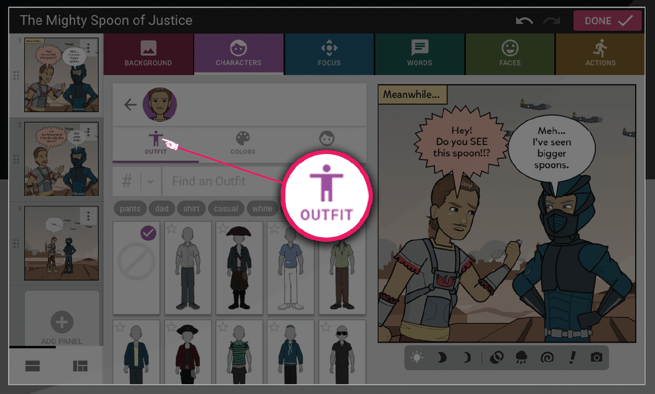 Screenshot showing the Outfit editing option within the Character editor in the Comic Maker, this allows you to change your character's outfit from panel to panel.
