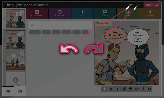 Image shows comic maker undo and redo arrows on the top right 