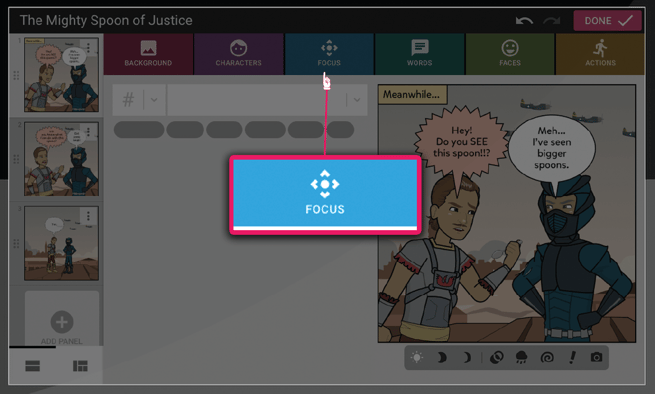 Image shows Focus tab selected in the middle of comic maker tab options