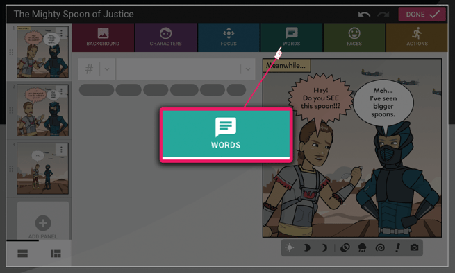 Screenshot of the Words tab in the comic maker.