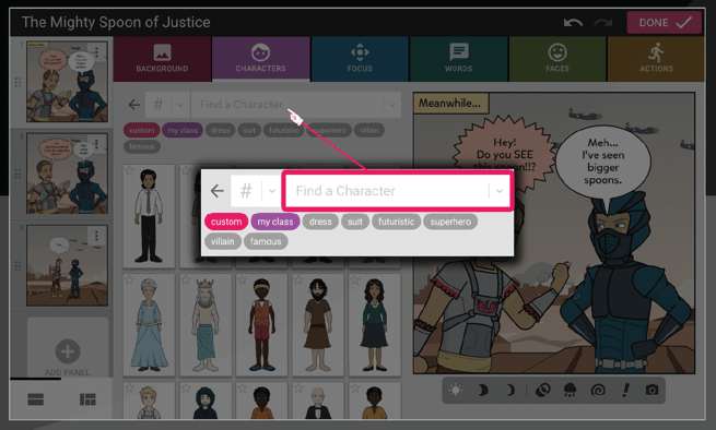 Screenshot showing the Find A Character search bar, although there are search bars in other parts of the comic maker as well, such as the backgrounds tab, faces tab and actions tab.