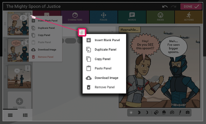 Screenshot shows three dot menu that is on each panel along the left side within the comic maker, which allows you to insert a blank panel, duplicate a panel, copy a panel, paste a panel, download a panel or remove a panel.