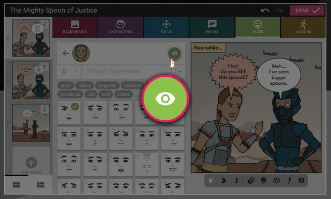 Screenshot showing eye button to change the eye direction of a character, within the Faces tab in the comic maker.