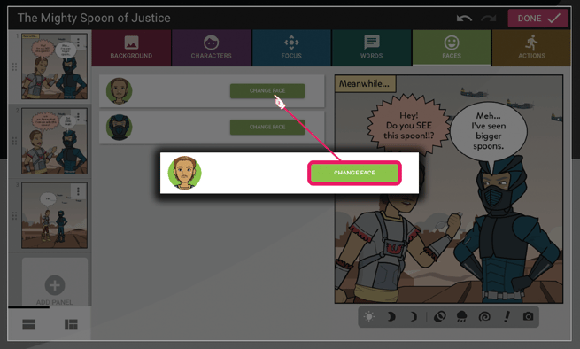 Image shows comic maker, Faces tab selected then click on Select Face next to the Character you'd like to change the facial expression