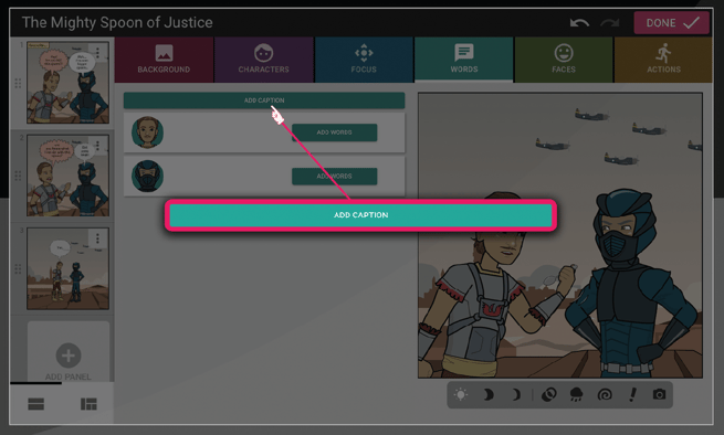 Screenshot of Add Caption button within the Words tab in the comic maker.