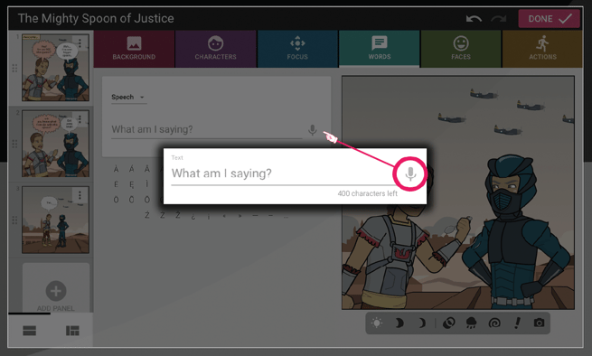 Screenshot showing the microphone icon when adding a text bubble or caption in the Words tab within the comic maker, to allow users to use the speech to text feature.
