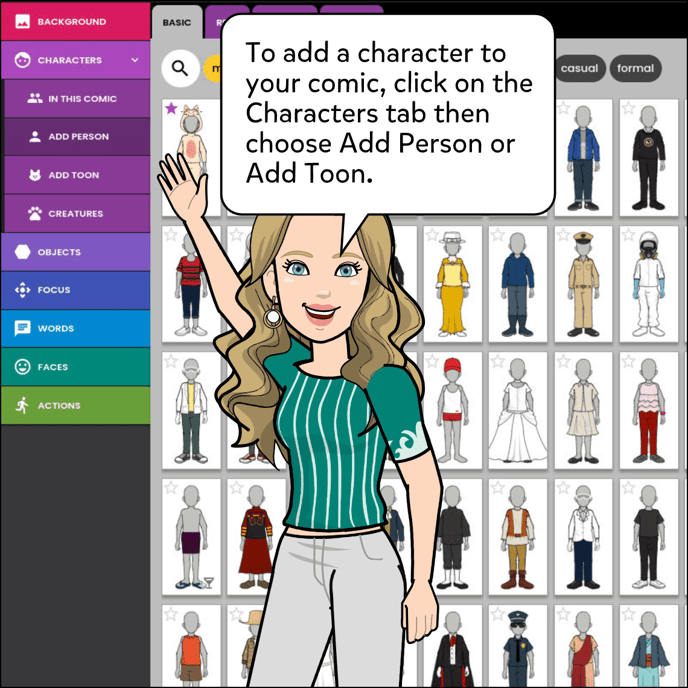 To add a Character to your comic, click on the Characters tab then choose Add Person or Add Toon.