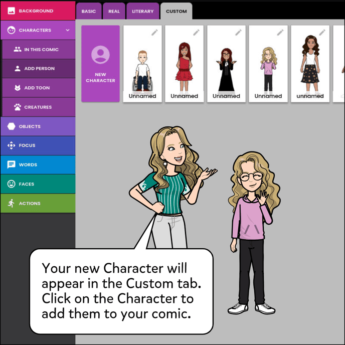 Your new custom character will appear in the Custom tab. Click on the Character to add them to your comic.