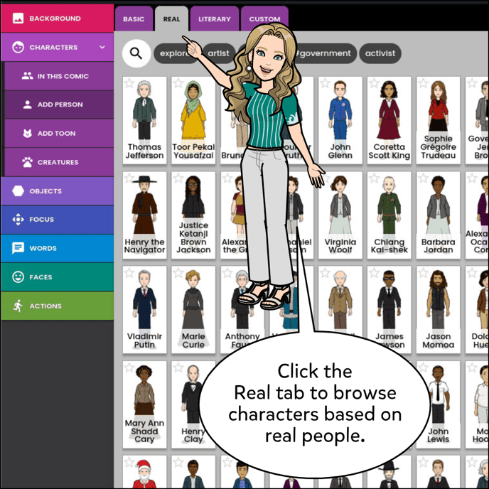 Click the Real tab to browse characters based on real people.