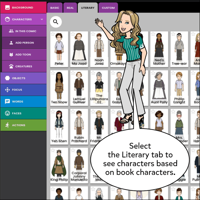 Select the Literary tab to see characters based on book characters.