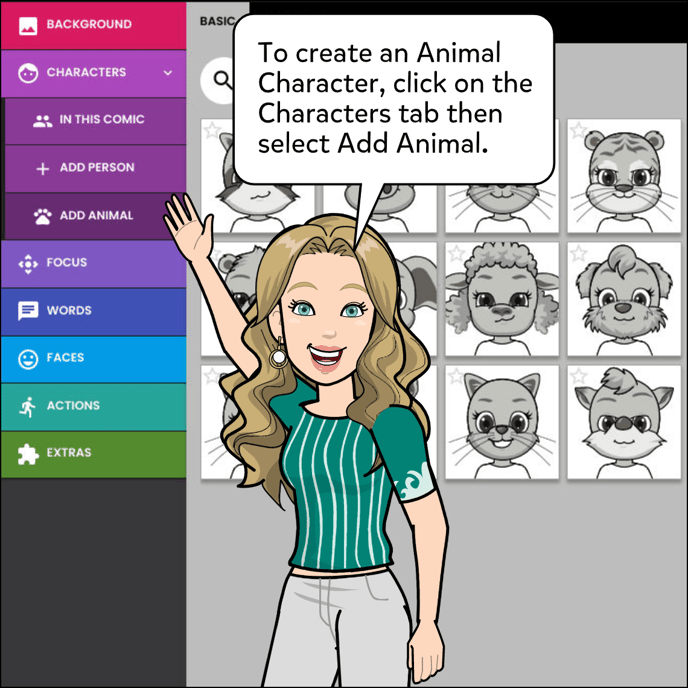 To create an Animal Character, click on the Characters tab then select Add Animal.
