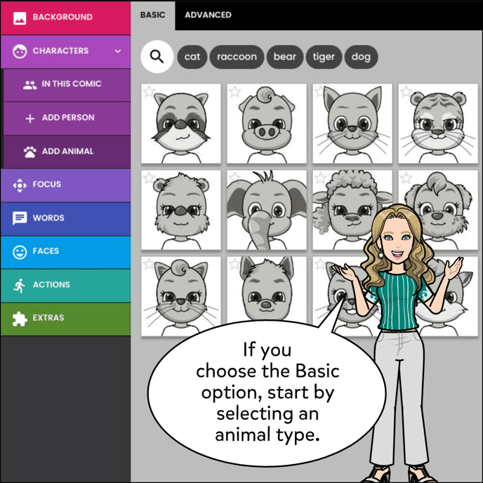 If you choose the Basic option, start by selecting an animal type.