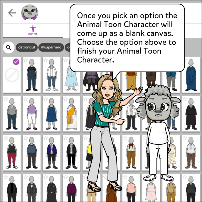 Once you pick an option the Animal Toon Character will come up as a blank canvas. Choose the options to finish your Animal Toon Character.