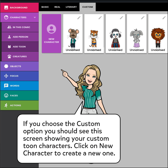 If you choose the Custom option you should see this screen showing your custom characters. Click on New Character to create a new one.