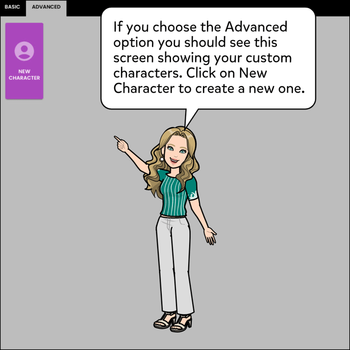 If you choose the Advanced option you should see this screen showing your custom characters. Click on New Character to create a new one.