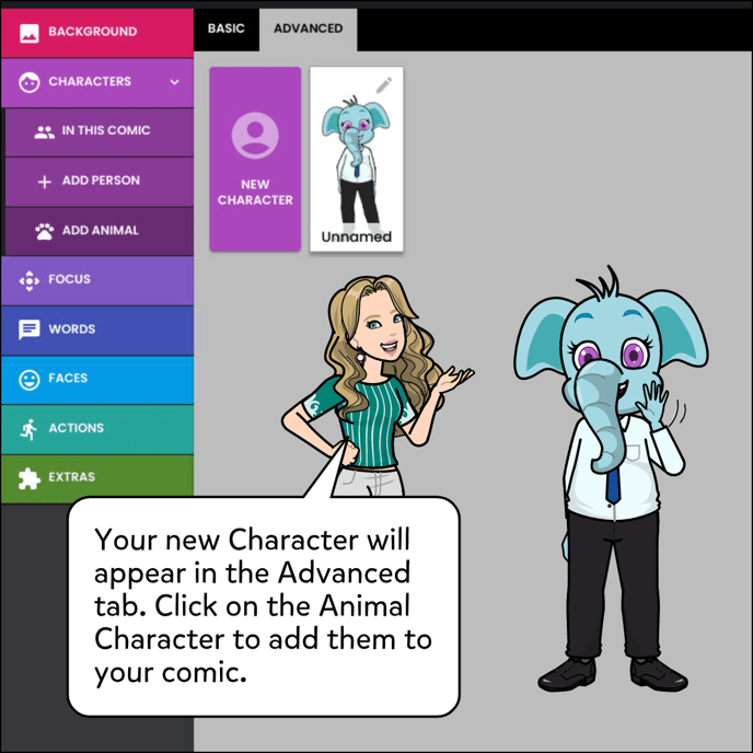 Your new Character will appear in the Advanced tab. Click on the Animal Character to add them to your comic.