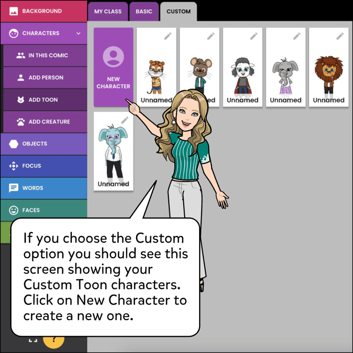 If you choose the Custom option you should see this screen showing your custom characters. Click on New Character to create a new one.