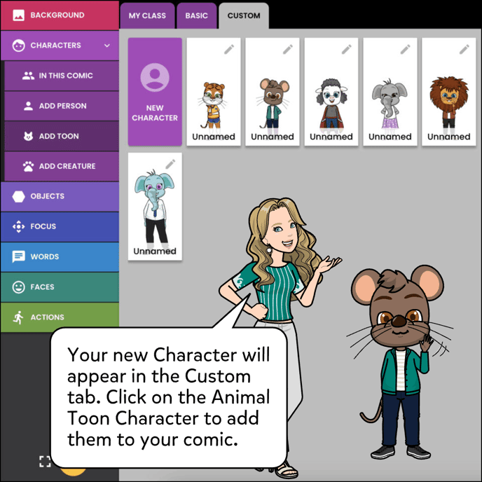 Your new character will appear in the Custom tab. Click on the Anima Toon Character to add them to your comic.