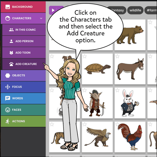 Click on the Characters tab then select the Add Creature option.