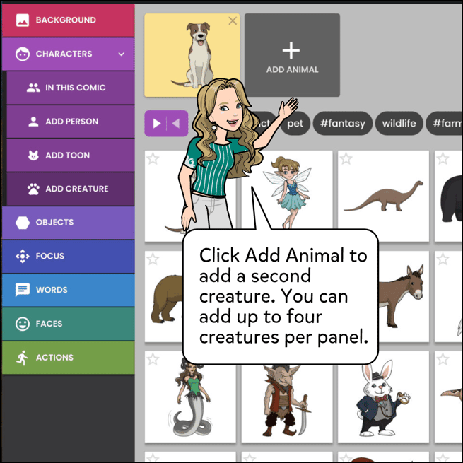 Click Add Animal to add a second creature. You can add up to four creatures per panel.