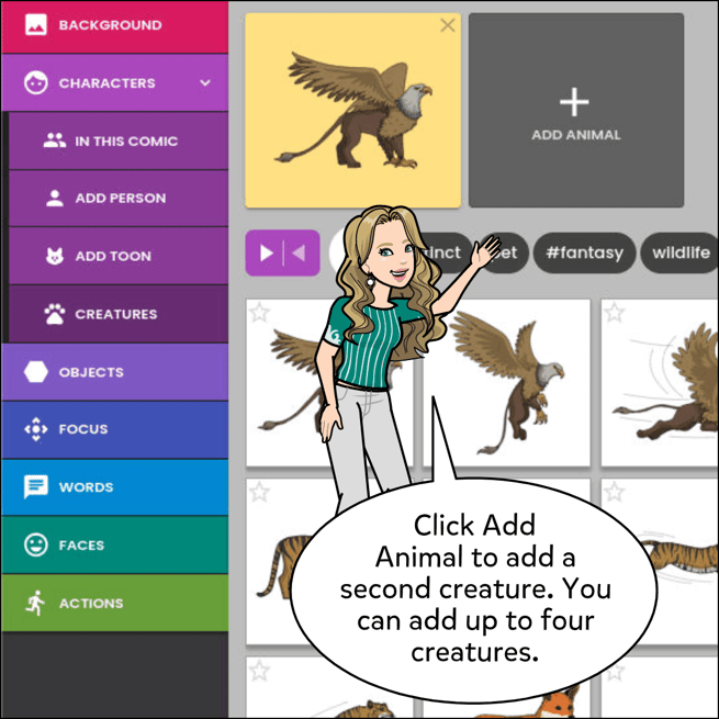 Click Add Animal to add another creature. You can add up to four creatures per panel.