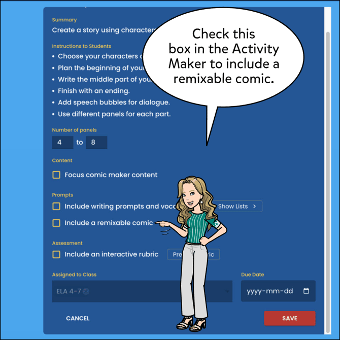 Open the activity maker and check the box next to Include a remixable comic.