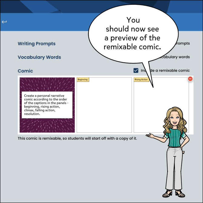 You should see a preview of the comic on the activity maker now.