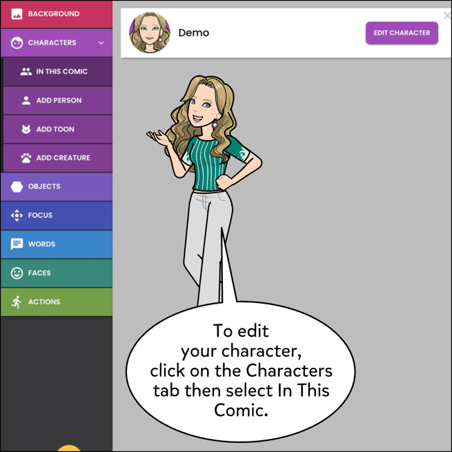 Click the Characters tab then select the In This Comic option.