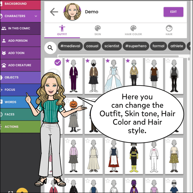 Here you can change the Outfit, Skin, Hair Color and Hair style.