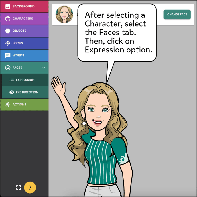 After adding a Character, select the Faces tab at the top then click on the Expression option.